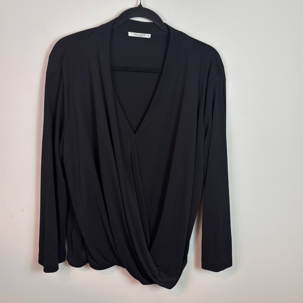 M.M. LaFleur Womens Deneuve Knit Crepe Black Faux Wrap Long Sleeve Blouse sz XL